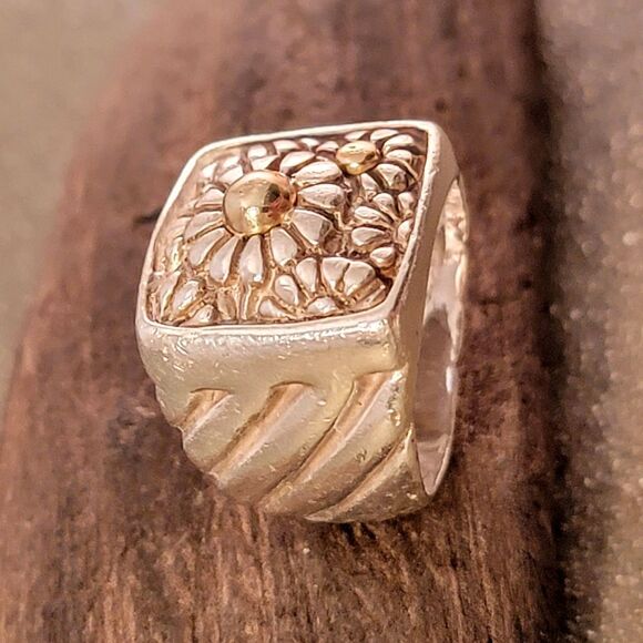Sterling & 14k Flower Motif Signet Style  Ring - Picture 4 of 10